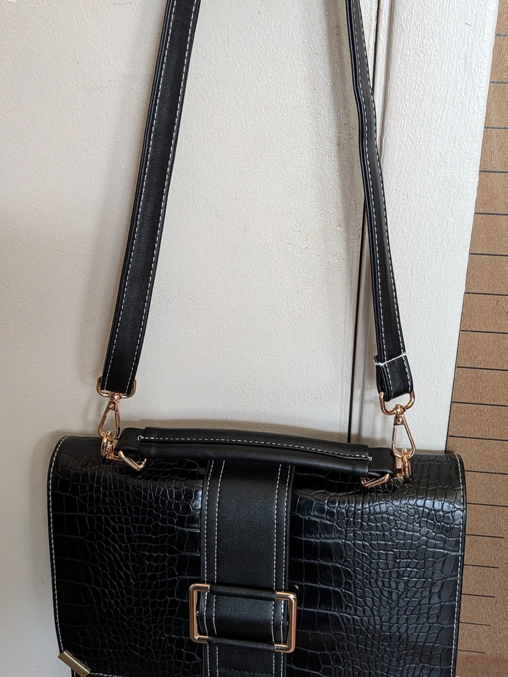 Black Croc-Embossed Shoulder Bag with Gold Hardware